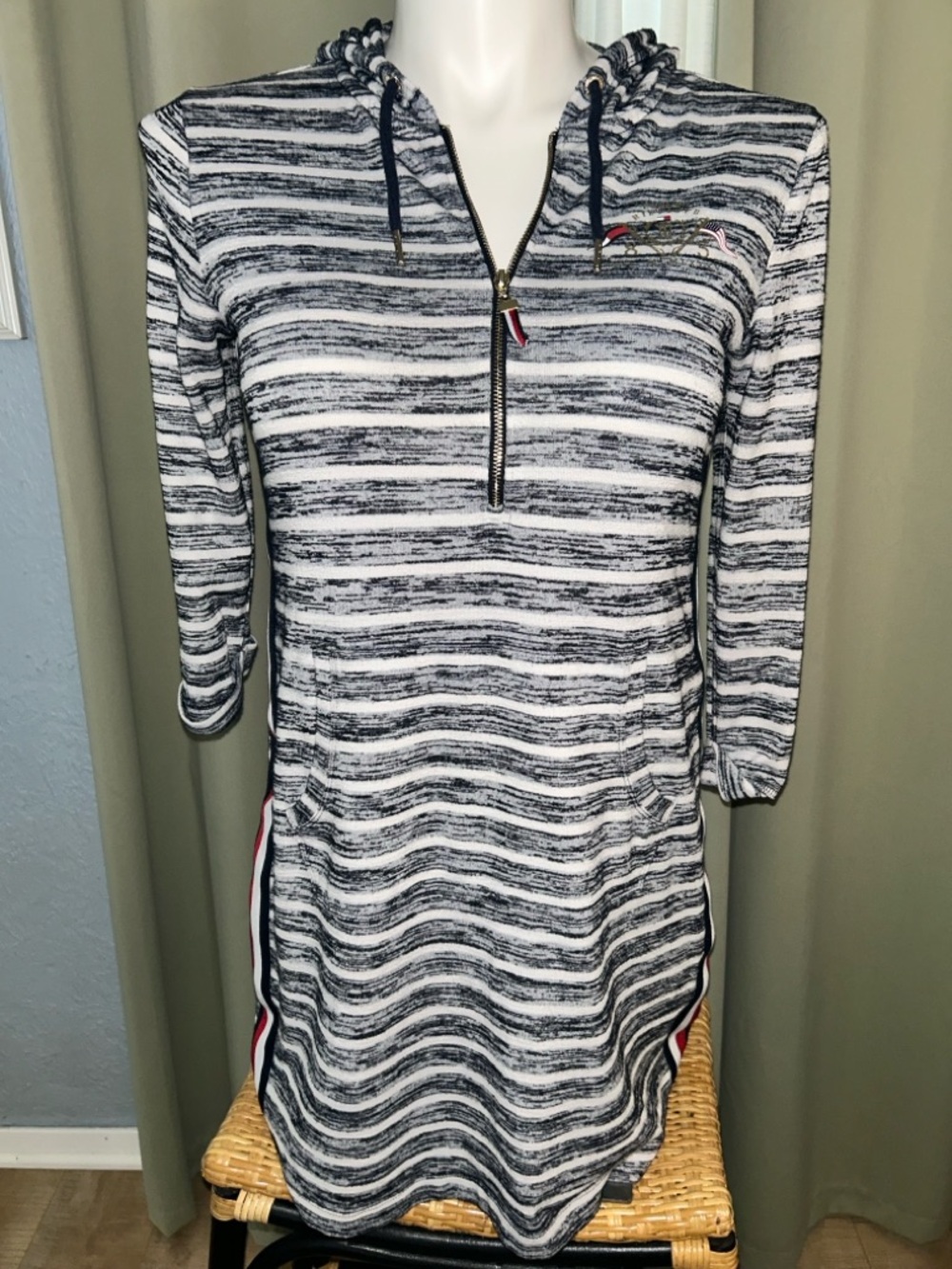 Tommy Hilfiger Black, White & Red Striped Hooded Top